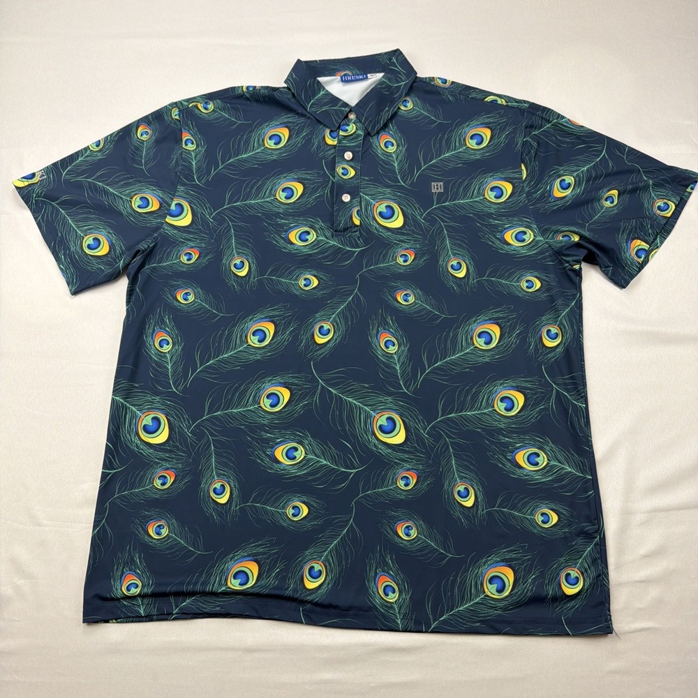 Hreski Polo Shirt Men XL Peacock Geometric Performance Abstract Print Pattern